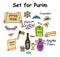 Set on Purim. elements of the Jewish holiday of Purim. Hebrew, G