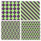 Set of purple green optical illusion seamless patterns of moving squares, diagonal stripes, rhombuses and six pointed stars