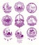 Set purple illustrations, sign for Ramadan Kareem with lantern, towers of mosque, crescent