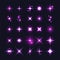 Set of purple sparkles icons. Collection of star shine symbol design on dark blue background. Magic particle effect icon.