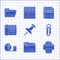 Set Push pin, Document folder, Printer, Paper clip, Scotch, Telephone, File document and icon. Vector