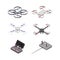 Set of quadcopters and aerial drones. Unmanned aircrafts with controllers. Electronics drones for surveillance, delivery