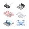 Set of quadcopters and aerial drones. Unmanned aircrafts drones with controllers vector illustration