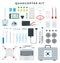 Set of quadcopters, equipment, spare parts, tools vector illustration in a flat design