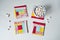 Set of quilted patchwork colorful coasters and white cup