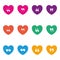Set of quotes icons inside multicolored hearts vector design