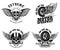 Set of racer emblem templates with motorcycle motor, wheels. wings. Design element for logo, label, emblem, sign, poster, t shirt