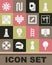 Set Racket, Chess, Bingo, Playing cards, Pixel hearts for game, Board of checkers, Casino roulette wheel and icon