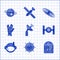 Set Radar, Sun, Alien, Cosmic ship, Astronaut helmet, Vulcan salute, Planet and icon. Vector