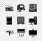 Set Radio, Electric jigsaw, Vending machine, Rotary hammer drill, Air conditioner and Computer monitor icon. Vector