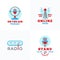 A set of Radio Vector Emblems. Abstract Broadcast Tower, Podcast or Stand Up Comedy Microphone Signs or Logo Templates