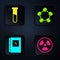 Set Radioactive, Test tube and flask, Electrical panel and Molecule. Black square button. Vector