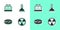 Set Radioactive, Test tube and flask, Petri dish with bacteria and Alcohol or spirit burner icon. Vector