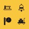 Set Railway barrier, Trolley suitcase, Train station clock and bell icon with long shadow. Vector
