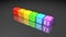 Set of rainbow colored dices on the gray background. Colorful play dice with numbers. Casino gamble playing tool. 3D render