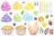 Set rainbow multicolored cupcakes muffins, sweet whipped cream. Berries, citrus fruits, chocolate, leaf. Hand drawn