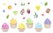 Set rainbow multicolored cupcakes muffins, sweet whipped cream. Berries, citrus fruits, chocolate, leaf. Hand drawn