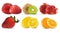 Set of raspberry, kiwi, pormegranate, strawberry, lemon and orange. Set, group or collection of six fruis. Raw fruit