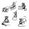 Set of Rats Characters with Long Tail Riding Sledge and Climbing up the Rope Vector Illustration