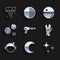 Set Ray gun, Moon and stars, Falling, Vulcan salute, Astronaut helmet, Planet, Death and Black hole icon. Vector