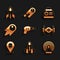 Set Ray gun, Rocket ship, Radar, Cosmic, Alien, Comet falling down fast, Space capsule and icon. Vector