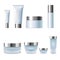 Set realistic 3d cosmetic package cream jar tubes. Light blue silver metallic containers glass plastic isolated
