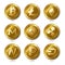 Set of Realistic 3d golden Bitcoin, Litecoin, Ethereum,
