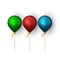 Set of realistic balloons matte blue, red and blue translucent colors, floating helium balls on golden ribbons with shadows, 3D