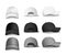 Set of realistic black, white and gray baseball cap or hat.