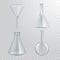 Set of realistic chemical flasks. Transparent empty funnel, bulb, bottle, test tube, filter. Light transparent