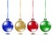 set of realistic Christmas and New Year colorful balls on a white background. Red, blue, green, yellow colors. Glass trinket. Hang