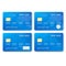 Set of realistic credit card template. Plastic blue credit cards with chip and map picture. Vector illustration