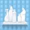 Set of realistic detergent product stay on shelf. ceramic tile background. Mock up plastic bottle and packge. Household chemicals