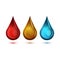Set of realistic drops of various liquids and substances of red, blue and honey-brown, bright 3D design elements for fluid