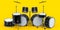 Set of realistic drums with metal cymbals or drumset on yellow background