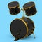 Set of realistic drums with pedal on blue. 3d render of musical instrument