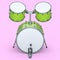 Set of realistic drums with pedal on pink. 3d render of musical instrument