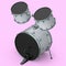 Set of realistic drums with pedal on pink. 3d render of musical instrument