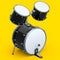 Set of realistic drums with pedal on yellow. 3d render of musical instrument