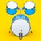 Set of realistic drums with pedal on yellow. 3d render of musical instrument