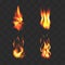 Set Realistic flame fire transparent isolated mini fires on dark background