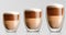 Set of realistic glossy glass cups with double wall full of hot cappuccino or latte