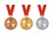 Set of realistic gold, silver, and bronze empty medals on red ribbons. Sports competition awards for 1st, 2nd, and 3rd place.