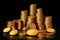 Set of realistic golden coins pile. Different Stacks of gold money, cash or treasure. Bank and finance. Investment, black