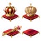 Set of realistic illustrations, golden royal crown icons, royal scepter and red velvet ceremonial pillows