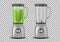 Set of Realistic Juicer blender. Kitchen blender with organic green vegetable juice and empty, drink 3d mixer isolated