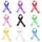 Set of realistic light blue, violet, red, rosy, pink, black, white, green, yellow ribbons, world symbols, vector illustration