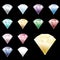 Set of realistic luminous gems of different colors, side view.