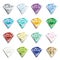 Set of realistic luminous gems of different colors, side view, white background.