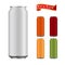 Set of realistic metallic, aluminum red, green, orange, burgundy and blank cans 500 ml